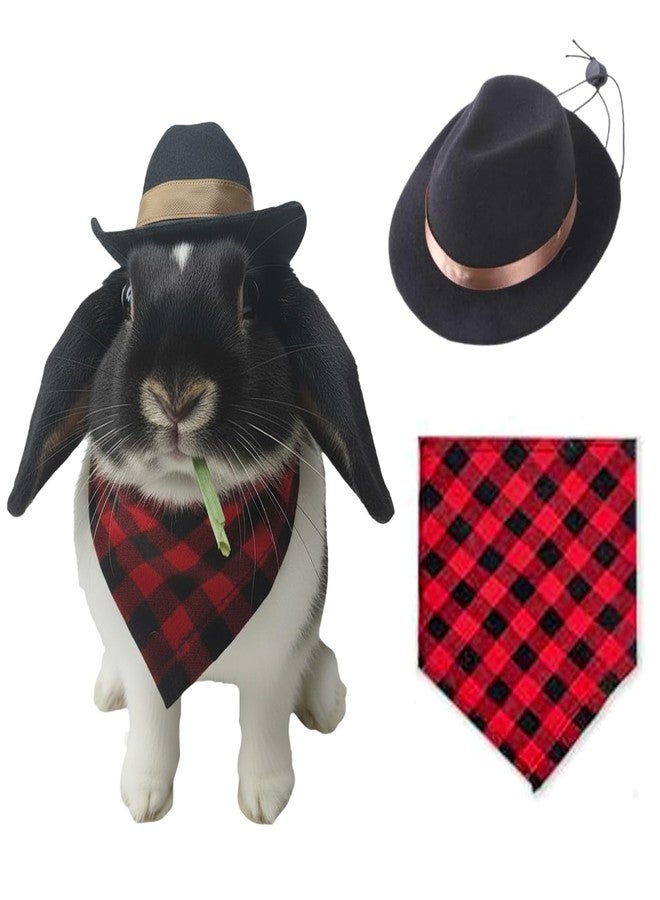 hokable Cowboy Hat and Bandana Scarf Set for Small Pets- Rabbit, Guinea Pig, Cat, DogCostume Accessories -Funny Halloween Pet Clothes for Party, Cosplay, PhotoProps (Black Hat & Red Checkered Scarf) - Image 1